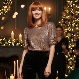 "DKNY" Women's Size L, Taupe with Copper Sequins Top